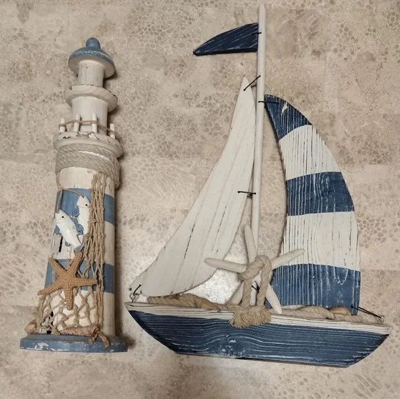 ⛵Vintage Wooden Rustic Lighthouse and Sailboat Beach Decor, Nautical⛵🌺 - Picture 6 of 8